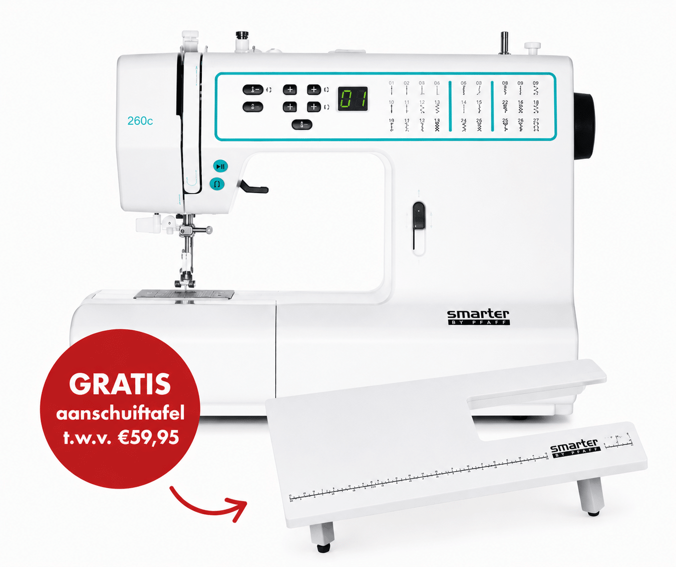 PFAFF Smarter 260C naaimachine met gratis aanschuiftafel