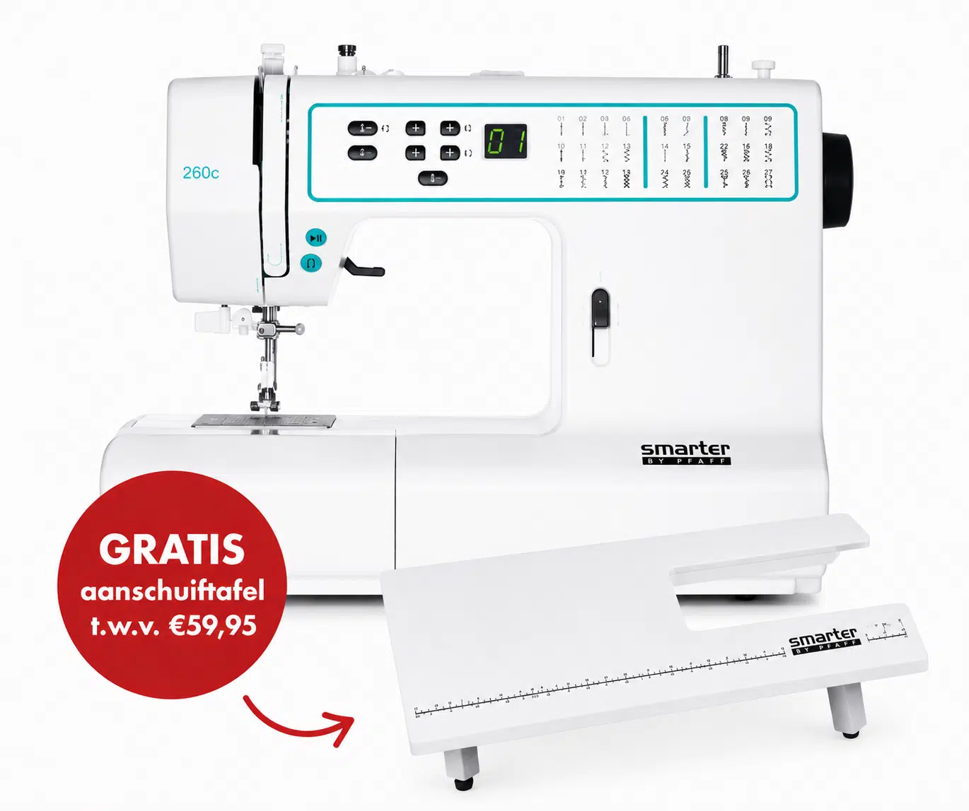 PFAFF Smarter 260C naaimachine met gratis aanschuiftafel