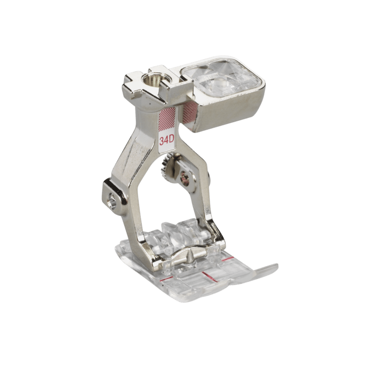 BERNINA terugtransportvoet met transparante zool #34D voor nauwkeurig naaien met Dual Transport en optimaal zicht op de naald.