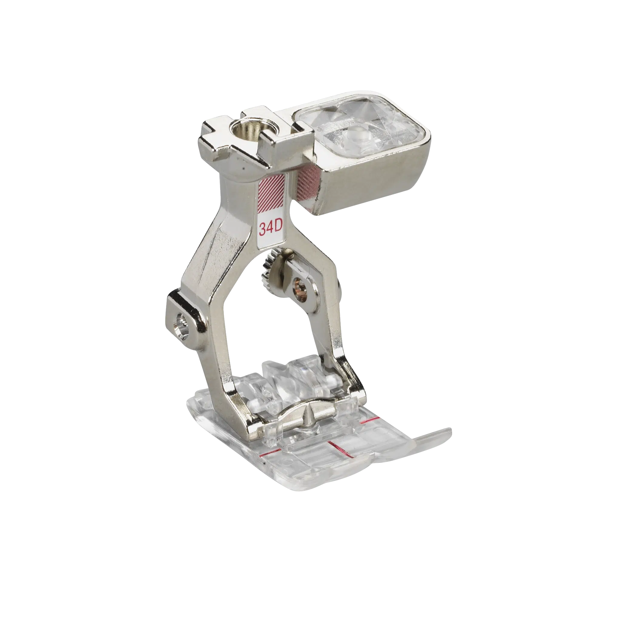 BERNINA terugtransportvoet met transparante zool #34D voor nauwkeurig naaien met Dual Transport en optimaal zicht op de naald.